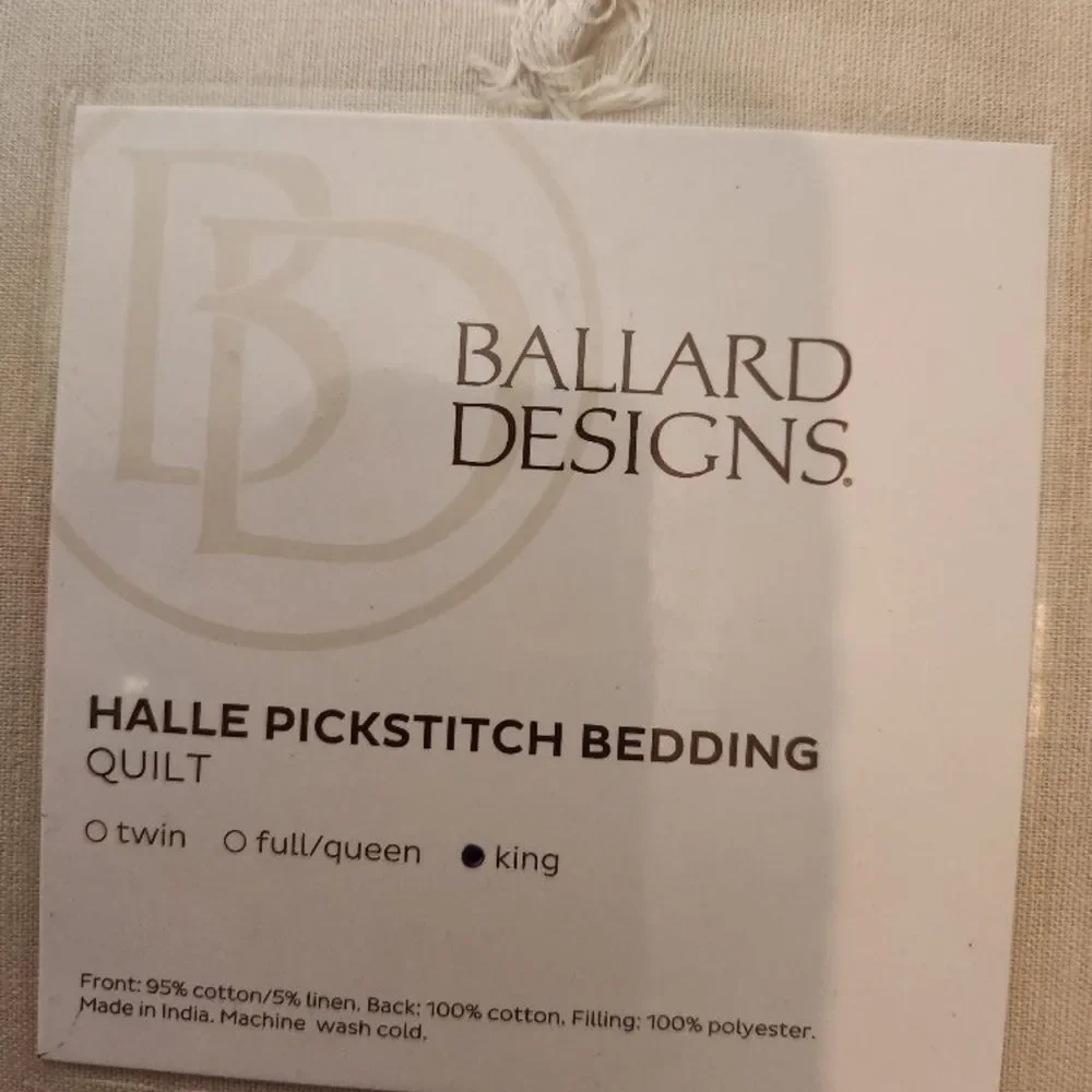 NEW Ballard Designs King Size Halle Pickstitch Bedding Quilt In Parchment